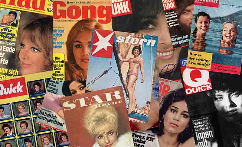 Collage historischer deutscher Zeitschriften-Titelbilder der Fotografin Ingeborg Bock-Schroeder, darunter Stern, Gong, Quick und Bild+Funk